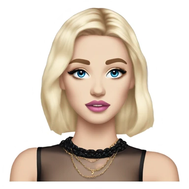 Beautiful girl with blonde hair pale skin blue eyes. Pink lips blush Smokey eye (but not too much). Thin black choker with Chanel logo on it. Classic shirt with puffed sleeves. Make her face striking think Hailey beiber sticker