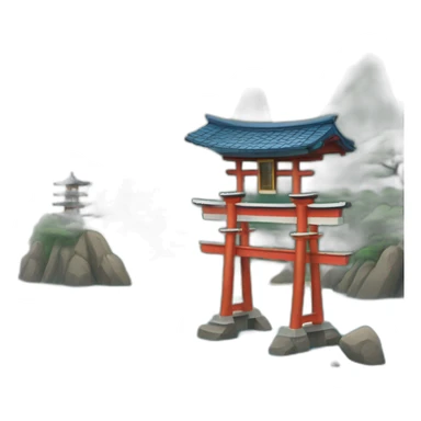 An island with a torii gate shinto shrine and small Japanese house with a blue tiled roof sticker