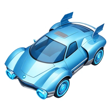 Top-down view of futuristic retro hover car with angular design and glowing blue wheels, flat vector style, minimal color palette with blue highlights sticker