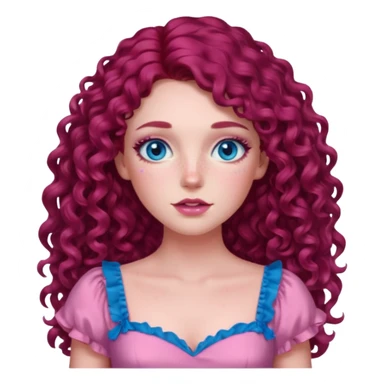 Chappell Roan long dark red curly hair, blue eyes, pink eyeshadow and lip, pink dress sticker