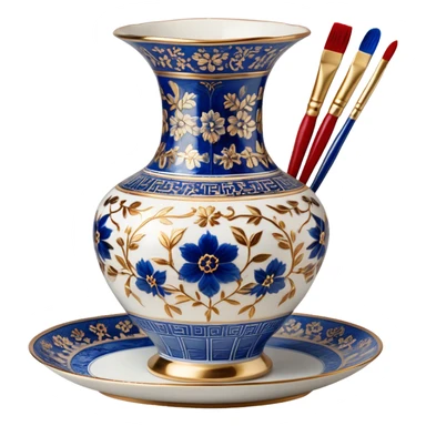 Metal painting icon, a metal object (such as a vase or plate) featuring a combination of Gzhel blue floral patterns, Chinese intricate red and gold designs, and delicate Gold Thread embroidery techniques, visible fine paintbrushes, gold thread, and paint pots, no finished artwork, just the painting process, minimalistic style, clean lines, transparent background. sticker
