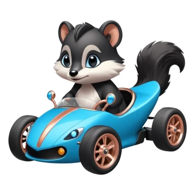 dark crystal blue and rosegold-accented faceted-body electric racing car driven by a small cute but fearless baby skunk with rear spoiler, roll bar, and wheely bar sticker