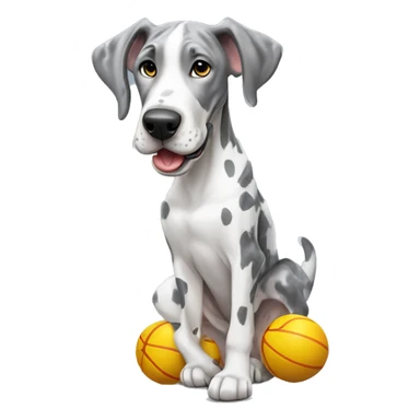 Gray and white harlequin Great Dane playing with toy sticker