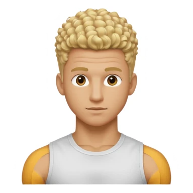 Athletic man with blond curly hair only on the top, straight on sides, thick neck, high top fade with no part, no shirt and SHOW ABS sticker