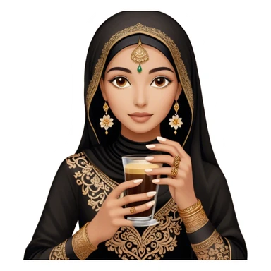 A delicate hand adorned with intricate floral henna designs holds a traitional glass of Arabic coffee. The deep brown henna contrasts beautifully with the rich embroidery of the black outfit, which features shimmering floral patterns. A gold ring and dark nail polish add elegance to the aesthetic. sticker