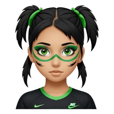 cute teenage girl, cute athletic Nike clothes, tan skin, green eyes, black hair, face paint, very long eylashes sticker