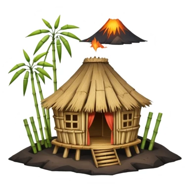 bamboo hut with volcano in the back in Volcano Island  sticker