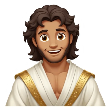 Cinematic Realistic Hercules Portrait, head tilted dramatically with an exaggeratedly amused expression, featuring expressive eyes and a hint of a roguish smile. His bronze, marble-like skin and thick, wavy dark hair, rendered with classical artistry, complement his flowing white robe adorned with delicate golden accents, all brought to life with dynamic natural lighting that captures a rare, playful moment from an enduring legend. sticker