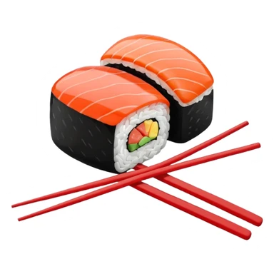 Japanese cuisine humanless avatar in minimalist emoji-style illustration. Sushi, roll and 2 chopsticks, clean lines, red white colors, flat design, calm and modern. sticker
