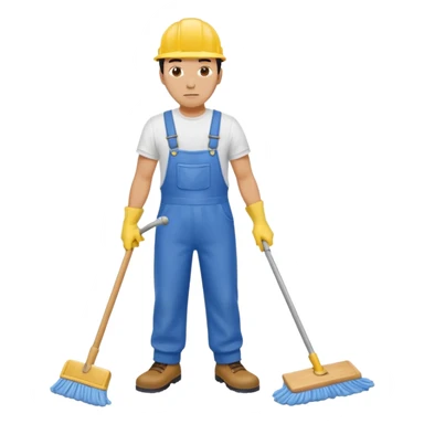 Custodian with yellow rubber gloves, white T-shirt, blue overalls, mopping floor sticker