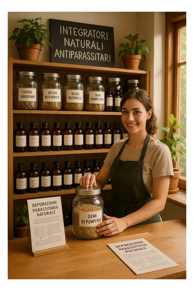 A realistic, well-lit herbal supplement store interior with wooden shelves neatly displaying glass jars and bottles labeled as ‘Chiodi di Garofano’, ‘Acido Butirrico’, and ‘Semi di Pompelmo’, organized in a clean and aesthetic manner. Small handwritten chalkboard signs indicate ‘Natural Antiparasitic Supplements’ above the section. The environment feels warm and trustworthy, with potted green plants adding freshness and a subtle sunlight entering through a window. A young shop assistant with a welcoming smile arranges the products, while informational leaflets about natural parasite cleansing are visible on a wooden counter, creating a holistic and health-conscious atmosphere in Italiano sticker