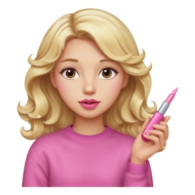 A long curled blonde haired girl with a pink sweater and holding a lip gloss sticker