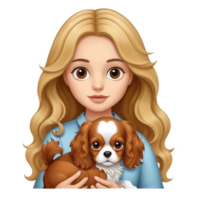 Girl with fair skin, long and brunette wavy hair with blonde highlights, holding a cavalier king dog sticker