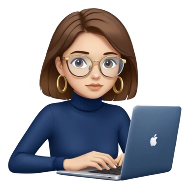 Girl with brown hair, navy blue turtleneck, gold hoop earrings, blue light glasses, working on laptop sticker