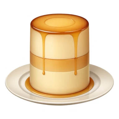 tall cylindrical flan dessert with smooth slightly translucent beige gelée texture on a round white plate resembling a tower sticker