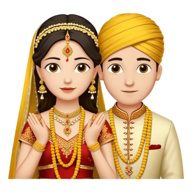 
A yellow sacred thread with two small gold pendants being tied around a bride's neck. The groom's hands are tying the knot while traditional Indian wedding elements like flowers and decorative details are visible in the background. Warm, ceremonial aesthetic. sticker