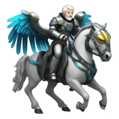 aristotle riding cyberpunk winged mech horse sticker