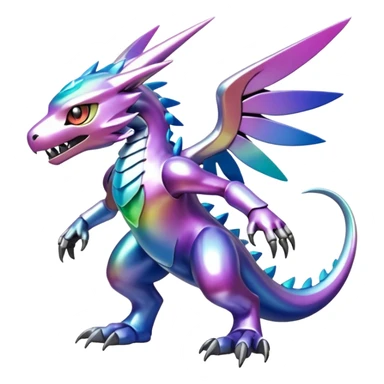 white iridescent colorful metallic alloy gradient shiny glossy Fakémon-Digimon-creature-hybrid (full body) sticker