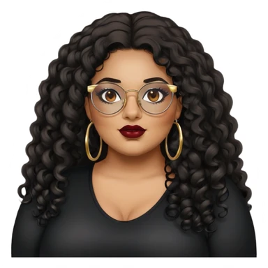 big plus size, latina, darker tan skin, gold hoops, long black curly hair, baddie,pretty, makeup, dark red lipgloss, black eyeliner, long hair, black shirt, black glasses sticker
