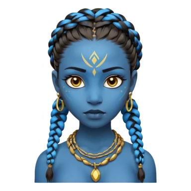 Create an icon of a Na’vi-inspired female character with glowing blue skin, braided hair, tribal forehead markings, large expressive eyes, gold earrings, and a rope necklace with a golden pendant. The expression should be calm and serious, matching the style of the movie Avatar sticker