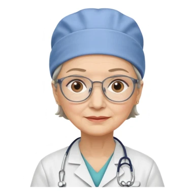 older woman doctor with scrub cap no smile sticker