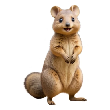 cinematic-quokka wallaby-realistic-full-body-standing on its hind legs hunched over-emoji,-small-round-frame-balanced-on-tiny-strong-hind-legs,giant fluffy cheeks large smile-fluffy-brown-fur-radiating-a-warm-softness,-big-round-eyes-filled-with-joy-and-innocence,-tiny-clawed-paws-held-close-to-chest,-cheerful-smile-exuding-endearing-happiness,-simplified-yet-realistic-focused-features,-highly-detailed,-glowing-with-a-sunny-warmth, skinny tail sticker