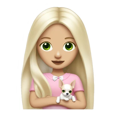 pale blond girl with long platinum hair with green eyes holding a white chihuahua puppy that wearing a pink bow sticker