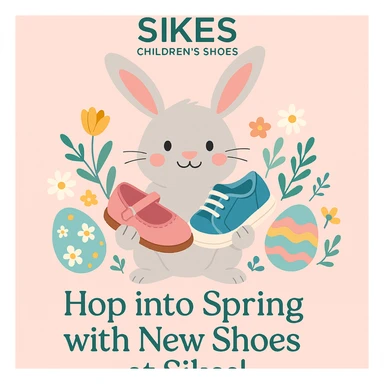 Easter-themed Instagram post for Sikes Children's Shoes with pastel background, logo at top, Easter bunny holding children's shoes, colorful Easter eggs and spring flowers, headline: 'Hop into Spring with New Shoes at Sikes!'. Include uploaded logo. sticker