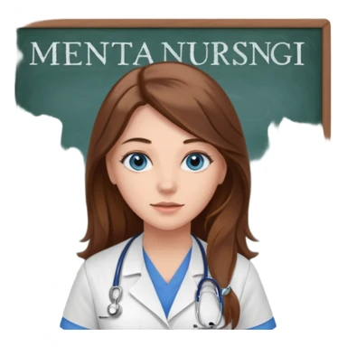 university classroom that says Mental Health Nursing on the blackboard with a pretty female nursing student with long brown hair, blue eyes sticker