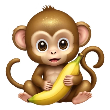 extremely adorable kawaii baby monkey with huge sparkly eyes peeling a banana sticker