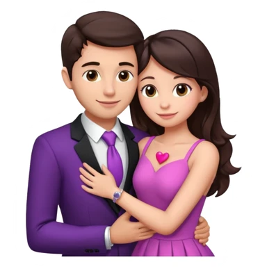 Brunette girl, with an engagement ring on her finger hugging a handsome man, (her boyfriend) both of them happy, she’s wearing a pink dress, he is wearing a black suit, he’s also a rich businessman, and there is the 💜 purple heart emoji on top. They look in love with each other.  sticker