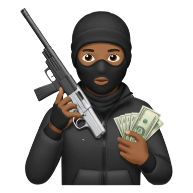 Create a black man wearing a ski mask while holding a gun in one hand and money in the other sticker