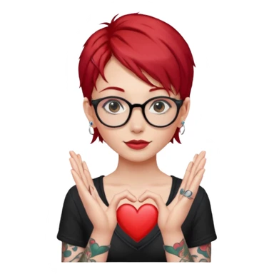 Beautiful girl, with glasses, red hair, tall, slim, with tattoos and small piercing, showing heart with hands sticker