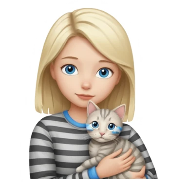 Blonde girl with blue eyes cuddling with light grey tabby cat with dark grey stripes sticker