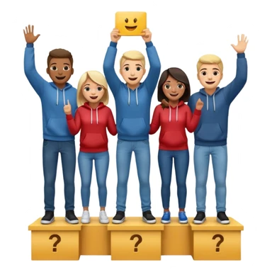 multi-racial men and women standing on a winners’ podium with the middle podium position elevated, each person casually dressed in fun clothing like jeans and hoodies, excited, fun emoji style sticker