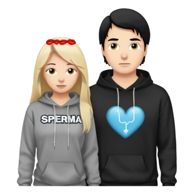 I want it to be this emote 🙍‍♂️
of a white guy with black hair and a black sweatshirt with the word "sperma" written in white in the middle. Behind him, there's a pretty blonde with long hair, pulling the string on the first person's hoodie. The girl is wearing a gray sweatshirt. sticker