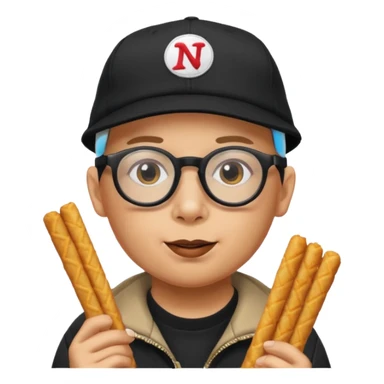 num num eatting hashbrown sticks with a plain black cap and glasses no hair add Rollin' 18 to hat sticker