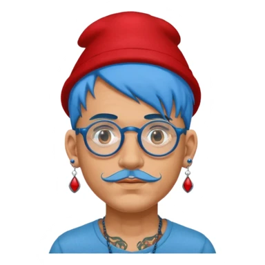 unique looking tourist with big unique red tourist felt hat and earrings, man with lots of tattoes and spectacles, blue hair showing sticker