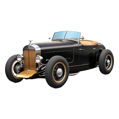 Batgirl’s black Bare bones (channeled cowl) drag racing and speed record modified (fenders removed) chopped streamlined sporty roadster that is a (stripped down) hot street rodded engine sports car 1932 Rolls Royce Woody futuristic  wide racing wheels sticker