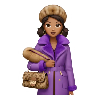 Beautiful black woman wearing a brown monogram Fendi jacket with a fur trim. She is carrying a purple Fendi baguette bag. I want the image to start at her head and end at the chest sticker