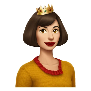  She has red lipstick with a closed mouth smirk holding a martini in one hand White English woman with very long dark brown hair and face framing layered bangs dressed in a mustard yellow sweater with birthday crown and negroni in hand sticker