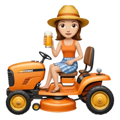 White woman with brown hair, without glasses wearing a straw hat, on old orange ride on lawn mower, holding a beer with one hand and holding the steering wheel with the other hand sticker