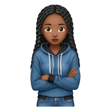 African American dark skin girl with long black box braids wearing plain black hoodie with denim skinny jeans with arms folded across chest sticker