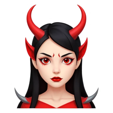 Head only demon girl, strong pronounced cheekbones, sharp angular jawline, skin fully pure red everywhere, long straight sleek black hair, small ho sticker