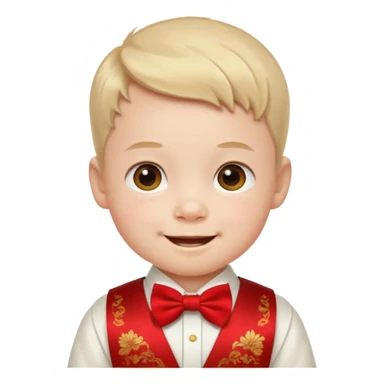 baby guy, wearing chinese royal ancient custome, red bow tie sticker