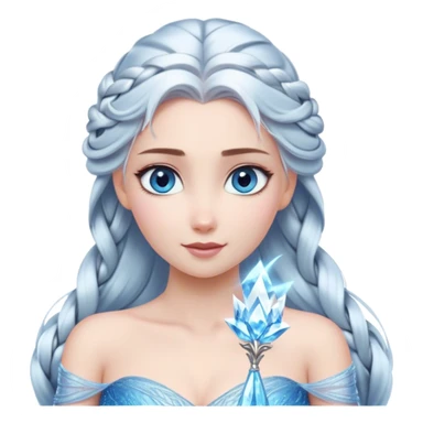 Cinematic Stunning Elsa Portrait Emoji, Ice-blue gown shimmering, platinum hair flowing in a graceful braid, piercing blue eyes glowing with icy magic, an aura of regal power and breathtaking beauty, frozen elegance at its finest! sticker