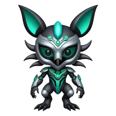 Silvery grey shiny alloy Cyber-Lombax-Fakémon-creature with dark black mask and shiny intricate green and turquoise circuitry markings (full body) sticker