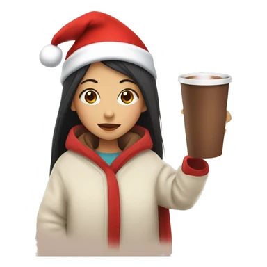 asian girl with blanket drinking hot chocolate with a santa hat sticker