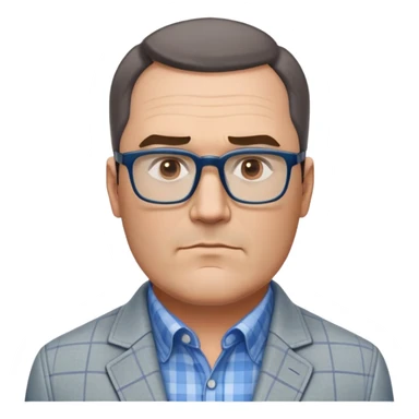 50-year-old heavyset man with very wide face and prominent square jawline. Short straight hair combed to the side, not balding. Large dark square glasses. Serious-relaxed expression. Light gray jacket that fits his larger frame, white shirt with blue checkered pattern. sticker