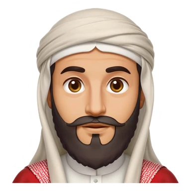 Saudi man emoji style, sharp features, white thobe, red shemagh, wide beard, friendly expression sticker